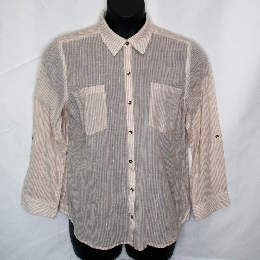 Chicos Sz 2 Cream Stripe Button Down Shirt Womens L Large 12 Top Metallic EE03
